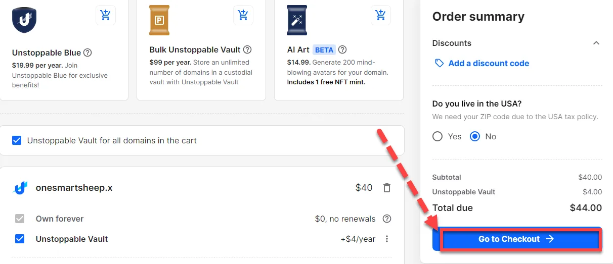 Unstoppable Domains cart showing a domain marked own forever with no renewals, a vault add on, and a red arrow pointing to Go to Checkout