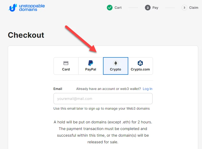Unstoppable Domains checkout with a red arrow pointing to the Crypto payment tab, beside card and PayPal options
