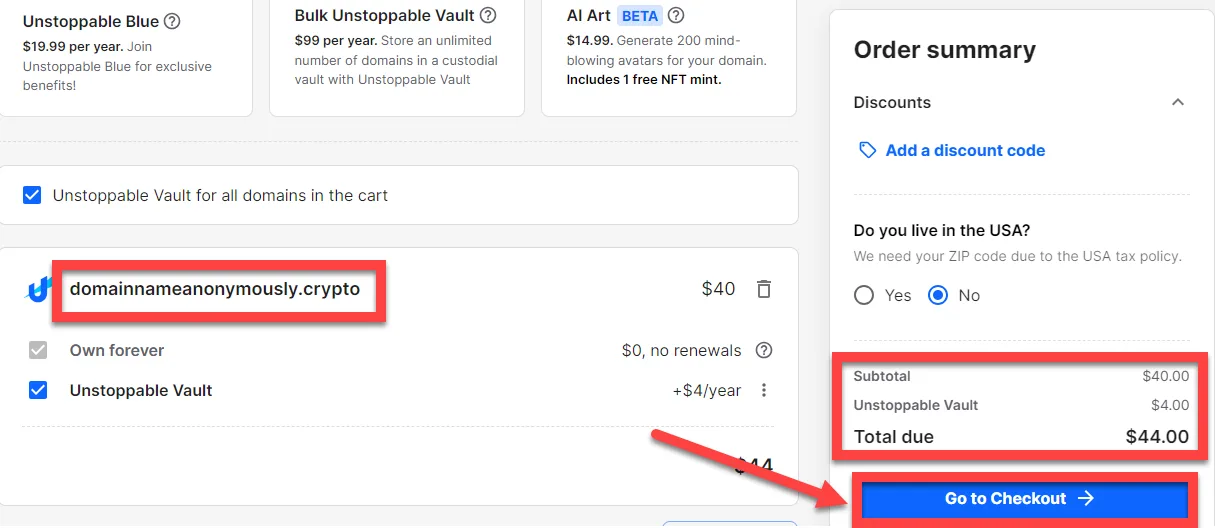 Unstoppable Domains cart holding a .crypto domain marked own forever, with the 44 dollar total and Go to Checkout button outlined in red