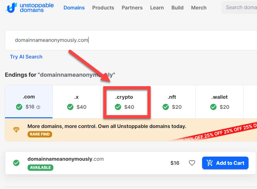Unstoppable Domains results with a red arrow pointing to the .crypto ending priced at 40 dollars