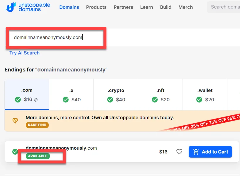 Unstoppable Domains results listing .com at 16 dollars and Web3 endings from 20 to 40 dollars, with the available badge outlined in red