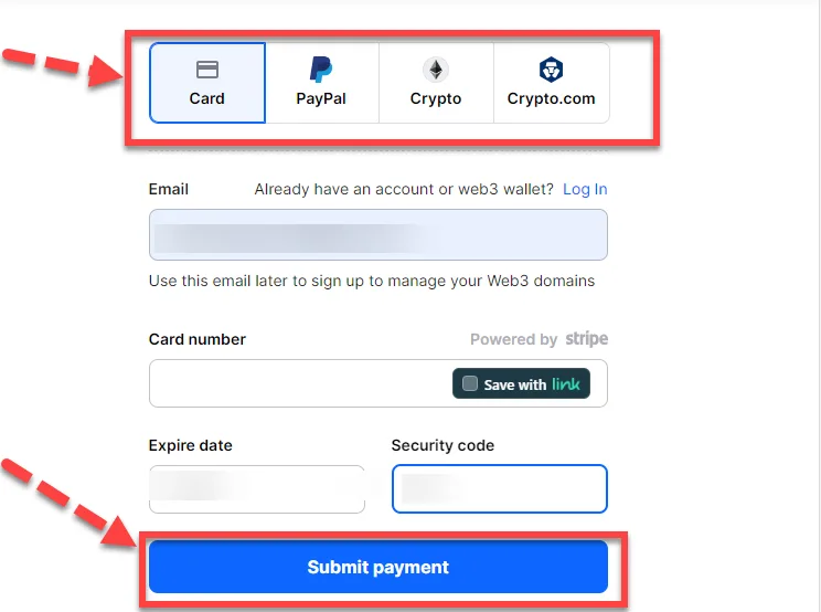 Unstoppable Domains checkout with card, PayPal and crypto payment tabs outlined and a red arrow pointing to the Submit payment button