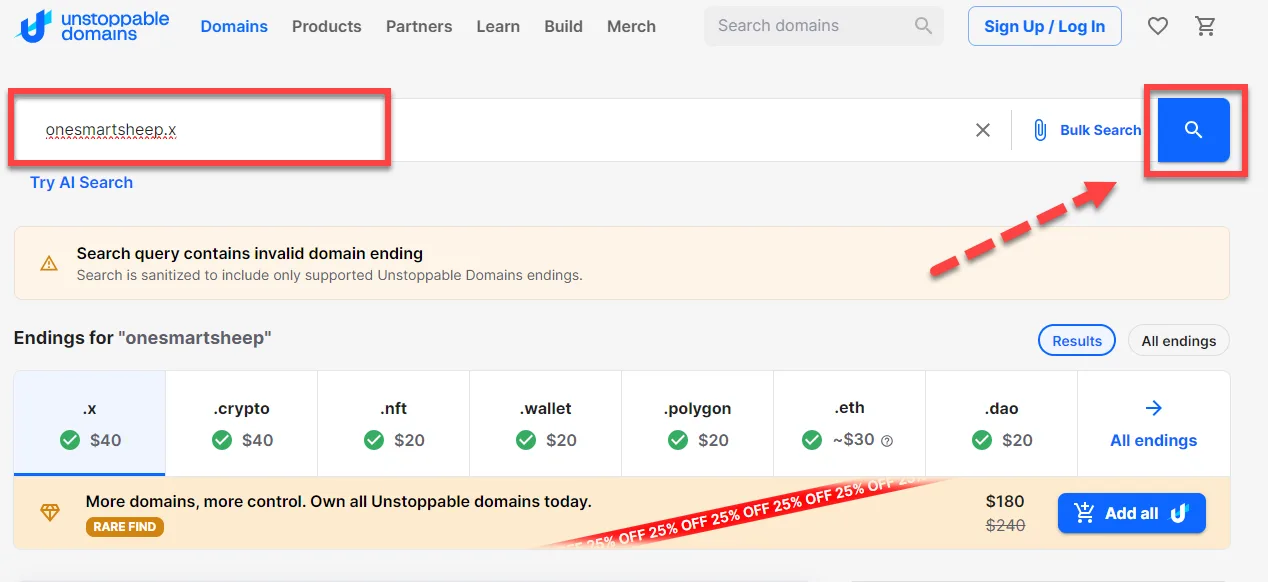 Unstoppable Domains search results showing available endings priced from 20 to 40 dollars, with the search field and button outlined in red