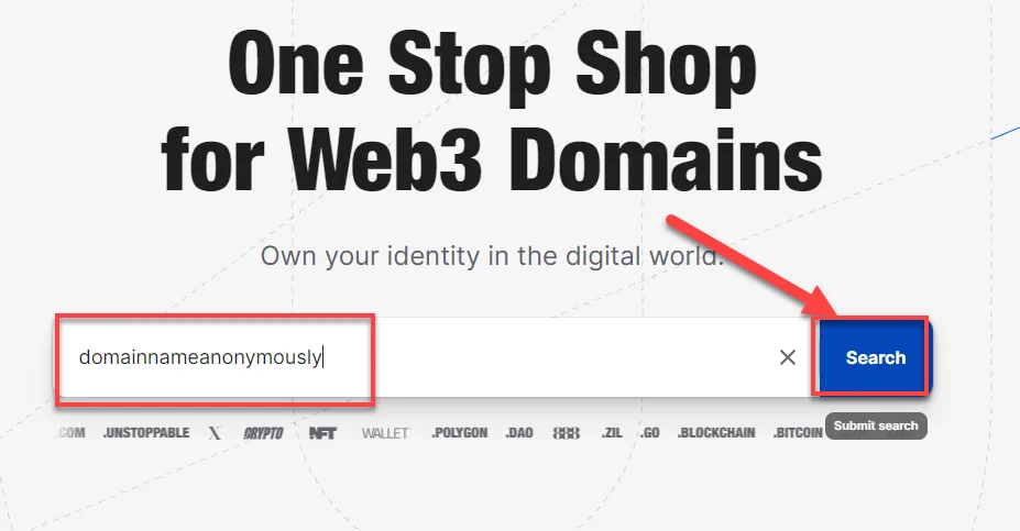 Unstoppable Domains search with a domain name typed in and a red arrow pointing to the Search button