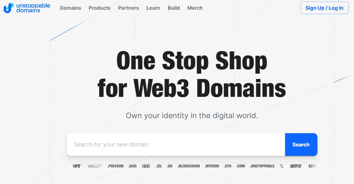 Unstoppable Domains homepage headed One Stop Shop for Web3 Domains with a domain search field and supported endings listed