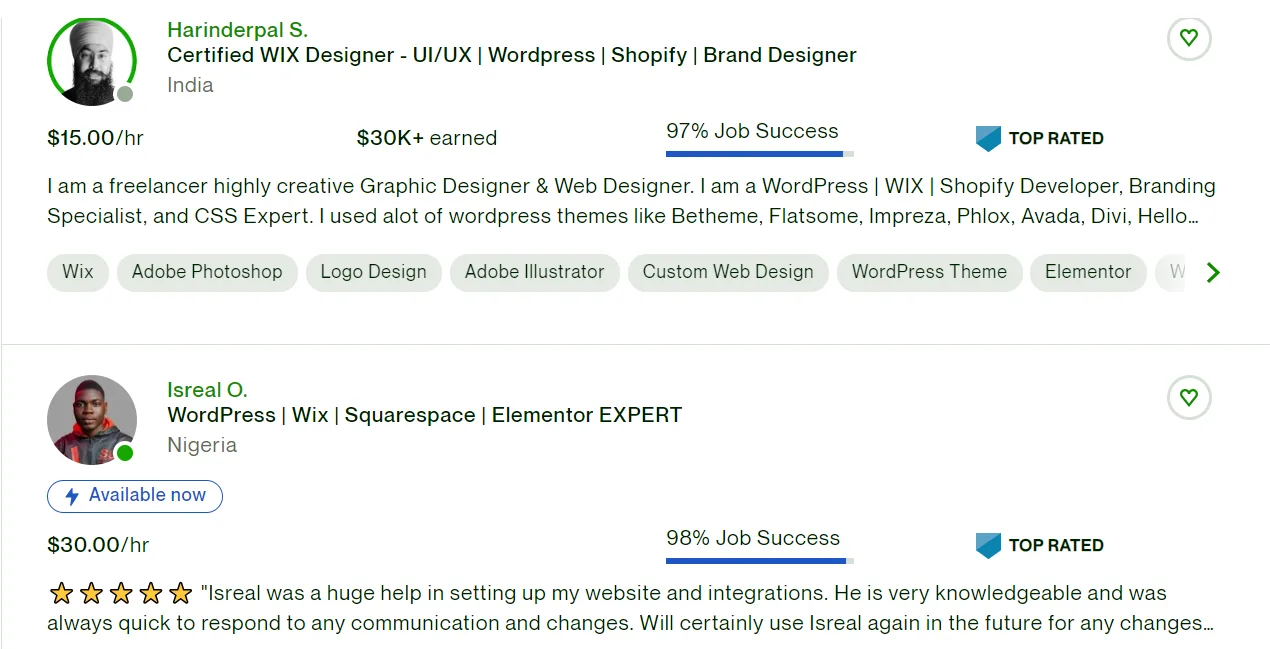 Two Top Rated Upwork Wix designer profiles charging 15 and 30 dollars an hour with job success scores of 97 and 98 percent