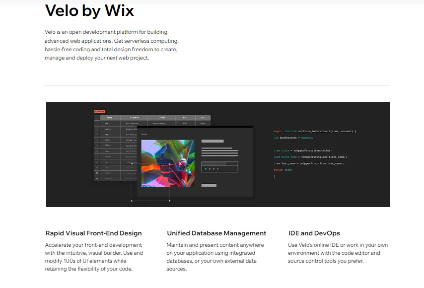 Velo by Wix page describing the open development platform, with rapid visual front end design, unified database management and IDE and DevOps