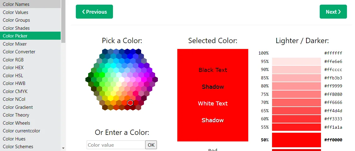W3Schools colour picker showing a hexagonal colour wheel, the selected red swatch and a lighter and darker shade scale