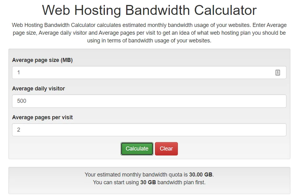Web hosting bandwidth calculator estimating a 30 GB monthly quota from a 1 MB page size, 500 daily visitors and 2 pages per visit