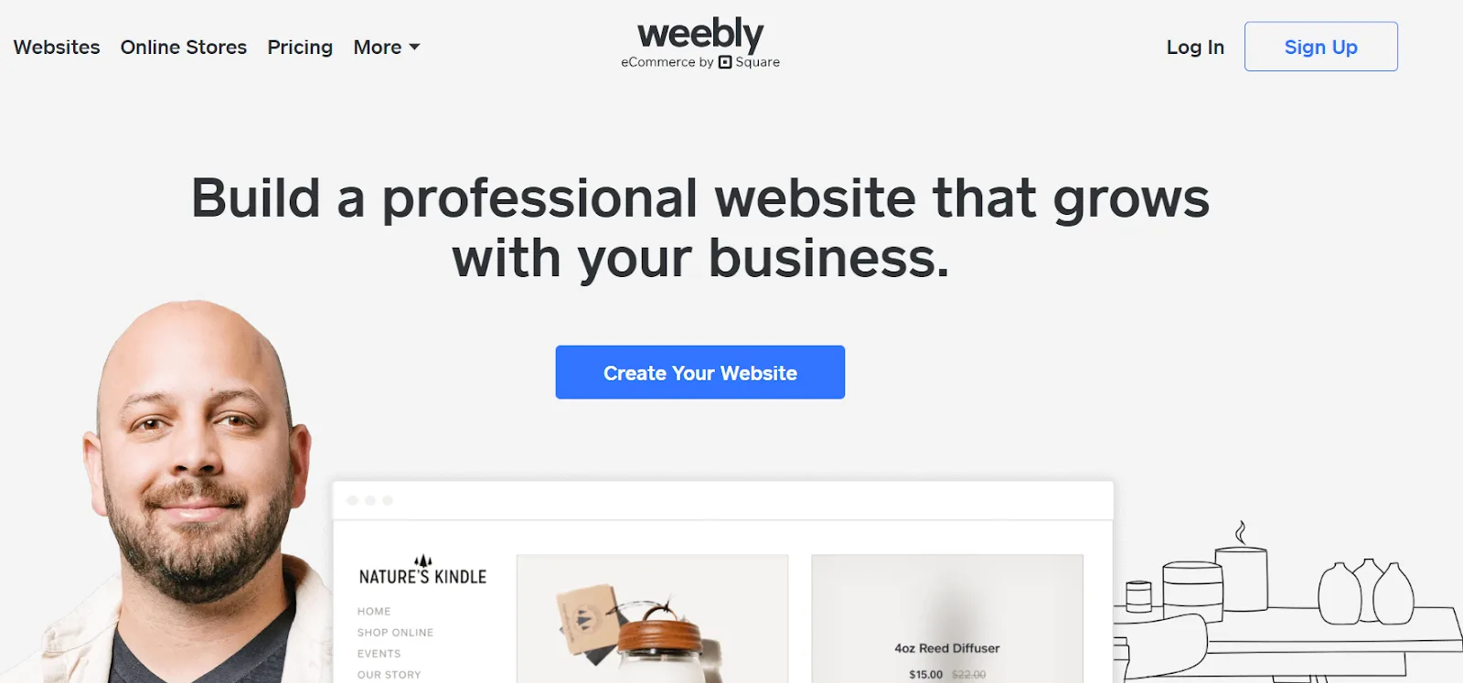 Weebly homepage headed Build a professional website that grows with your business, with a Create Your Website button