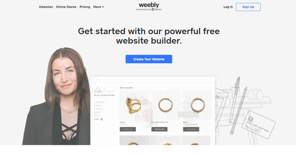 Weebly homepage headed Get started with our powerful free website builder, showing a sample jewellery store