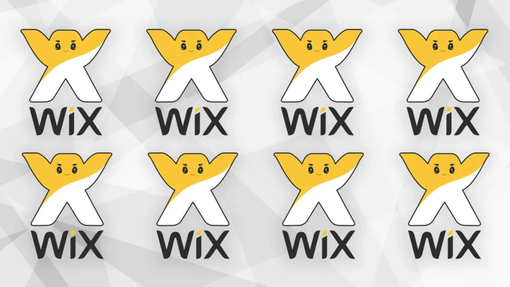Grid of eight yellow Wix character logos on a pale grey geometric background