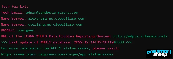 Whois record output showing Cloudflare name servers and a DNSSEC status of unsigned