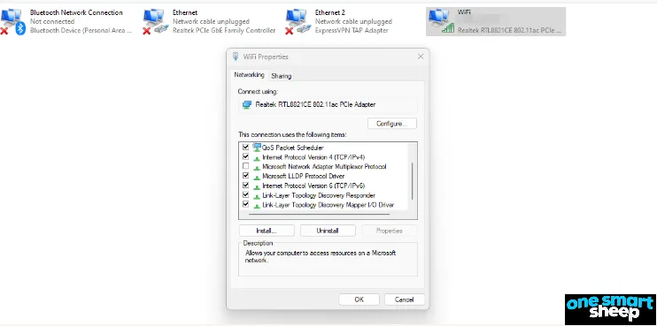 Windows network connections with the WiFi Properties dialog open, listing protocols including Internet Protocol Version 4