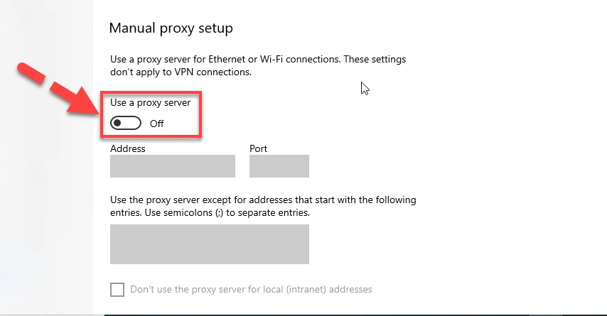 Windows Manual proxy setup with a red arrow pointing to the Use a proxy server toggle switched off