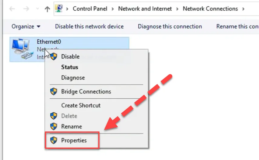 Windows Network Connections with the Ethernet adapter right clicked and a red arrow pointing to Properties