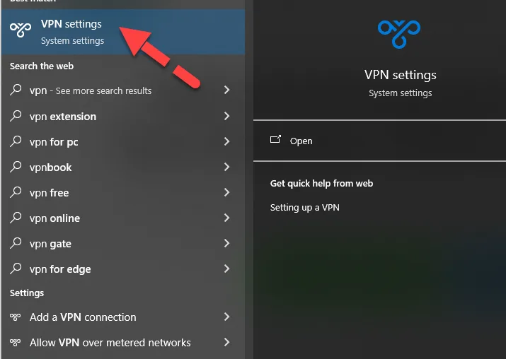 Windows search results with a red arrow pointing to the VPN settings entry under Best match