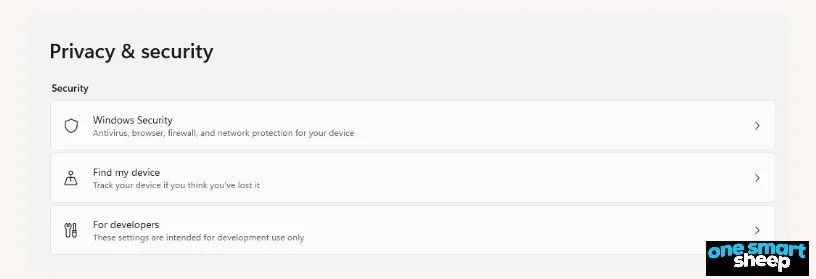 Windows Privacy and security settings listing Windows Security, Find my device and For developers