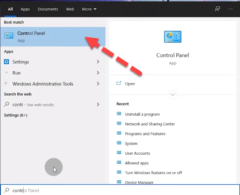 Windows search results for Control Panel with a red arrow pointing to the Control Panel app under Best match
