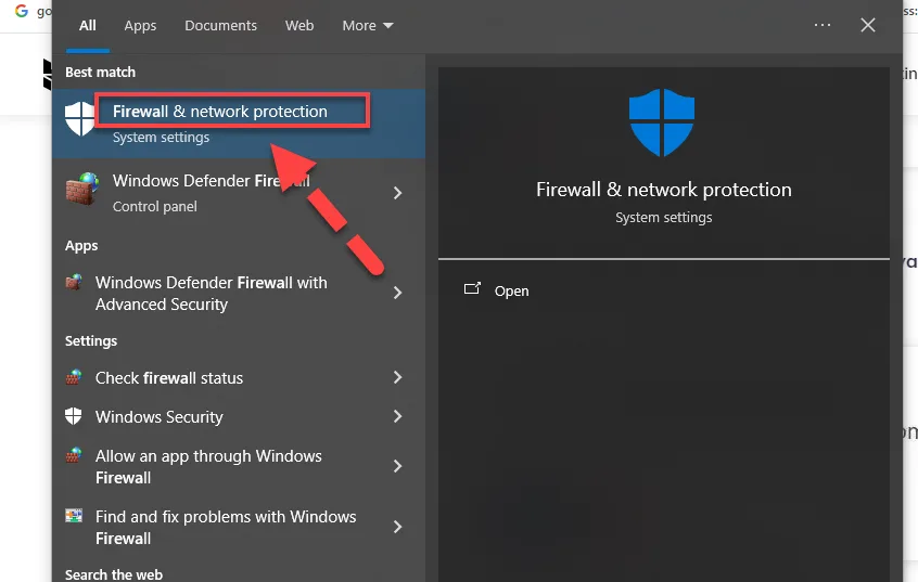 Windows search results with a red arrow pointing to Firewall and network protection under Best match