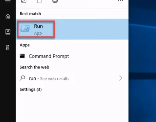 Windows search results with the Run app outlined in red under Best match