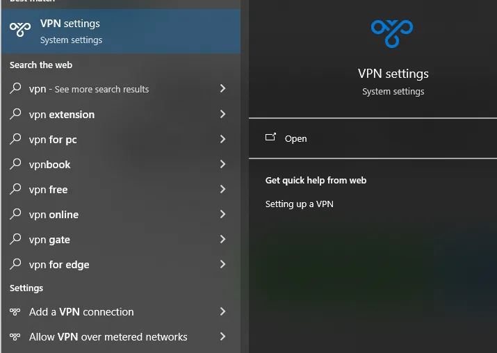 Windows search results for VPN showing VPN settings under Best match