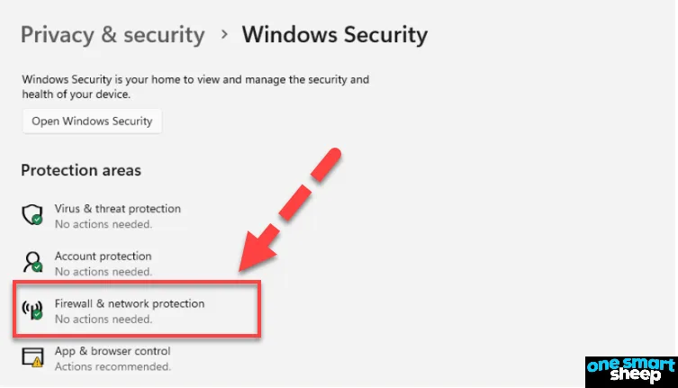 Windows Security protection areas with a red arrow pointing to Firewall and network protection