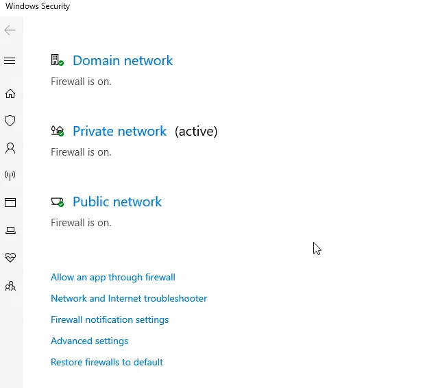 Windows Security firewall page listing domain, private and public networks, each showing the firewall is on