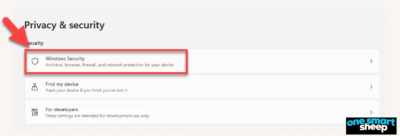 Windows Privacy and security settings with a red arrow pointing to the Windows Security entry, outlined in red