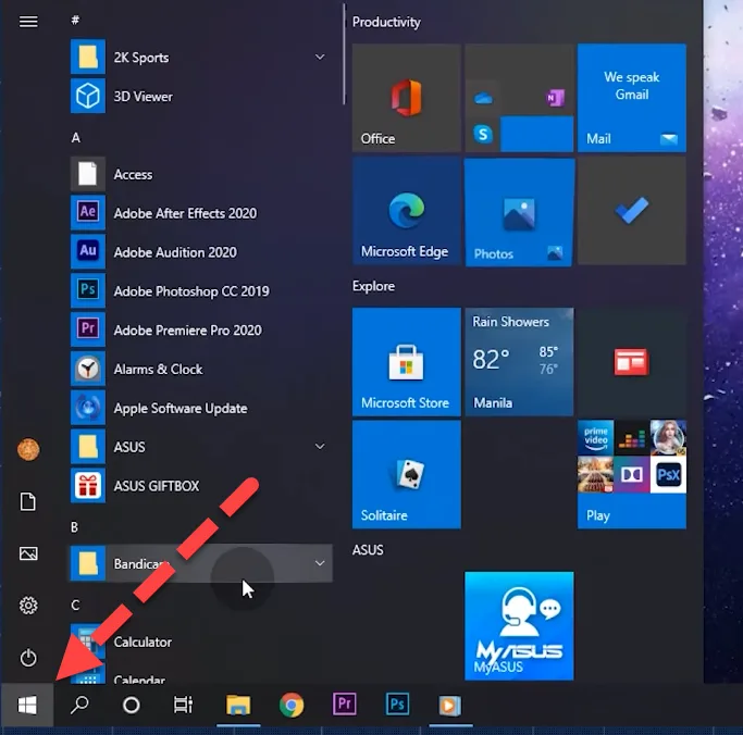 Windows 10 Start menu open with a red arrow pointing to the Start button in the taskbar