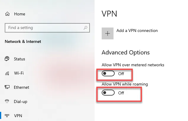 Windows VPN settings with Allow VPN over metered networks and Allow VPN while roaming both toggled off, outlined in red