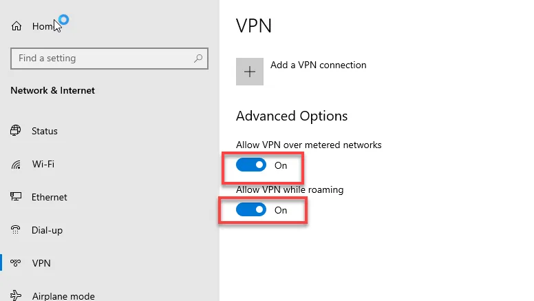 Windows VPN settings with Allow VPN over metered networks and Allow VPN while roaming both toggled on, outlined in red