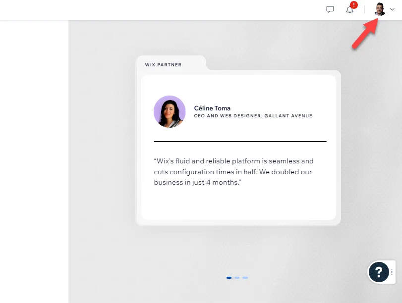 Wix dashboard with a red arrow pointing to the account avatar in the top right corner