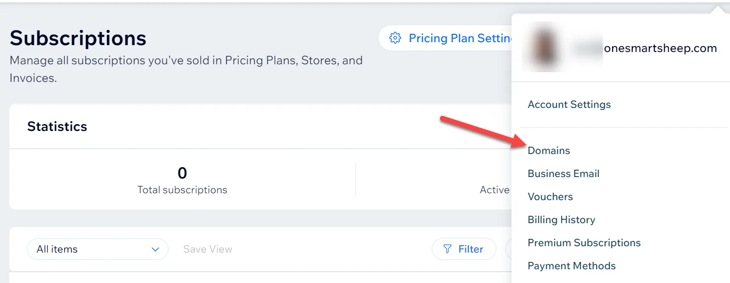 Wix Subscriptions page with the account menu open and a red arrow pointing to the Domains entry