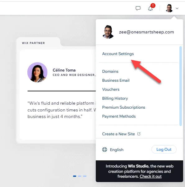 Wix account menu open with a red arrow pointing to Account Settings, above Domains, Business Email and Billing History