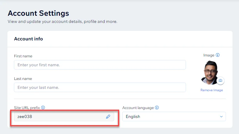 Wix Account Settings with the Site URL prefix field outlined in red beside the account language selector