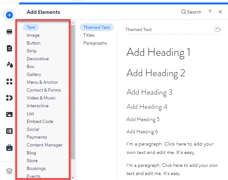 Wix Add Elements panel with the full category list outlined in red, from Text and Image through to Events