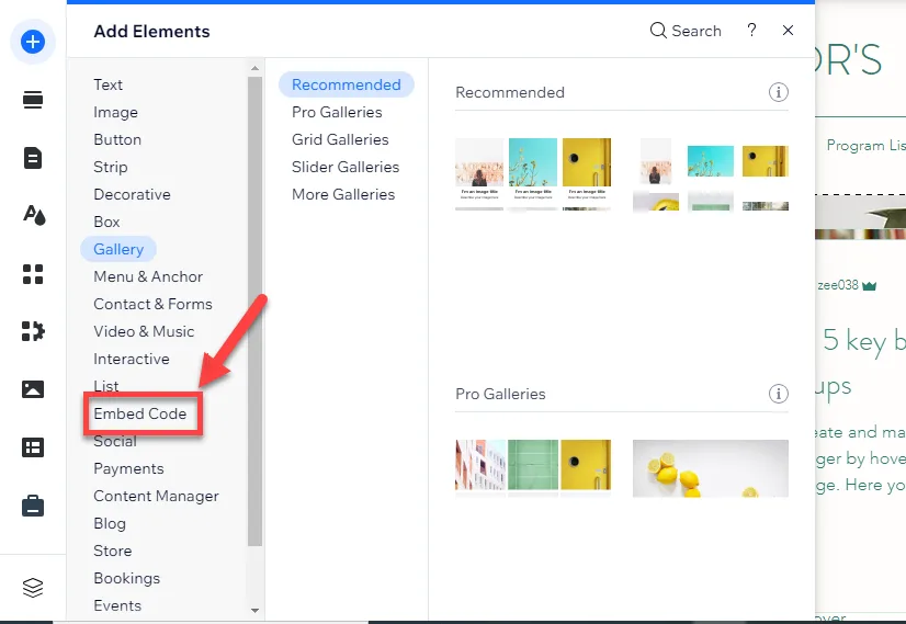 Wix Add Elements panel with a red arrow pointing to the Embed Code entry in the category list