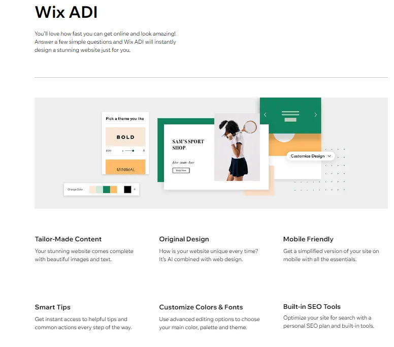 Wix ADI page explaining that answering a few questions generates a site, with features for tailor made content, original design and built in SEO