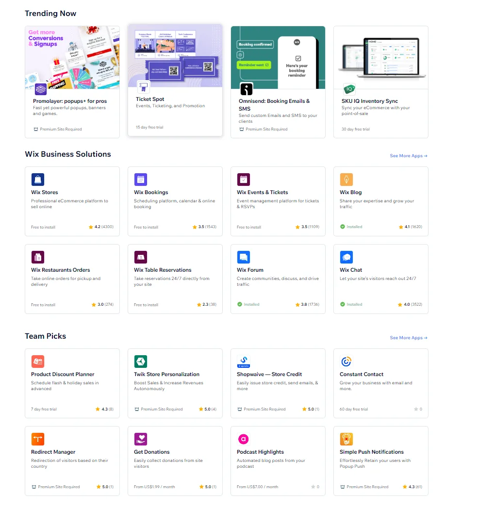 Wix App Market listing trending apps and Wix business solutions including Stores, Bookings, Events, Blog, Forum and Chat