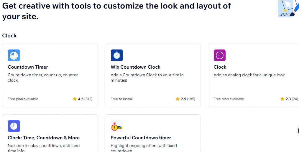 Wix App Market customisation apps showing countdown timer and clock widgets with ratings and free plan labels
