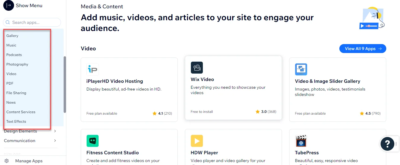 Wix App Market Media and Content section with the category sidebar outlined in red, showing video apps including Wix Video