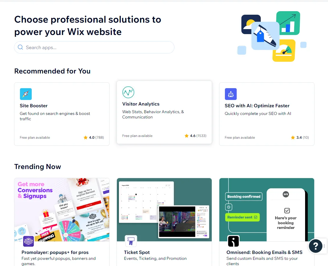 Wix App Market showing recommended apps Site Booster, Visitor Analytics and SEO with AI, above trending apps