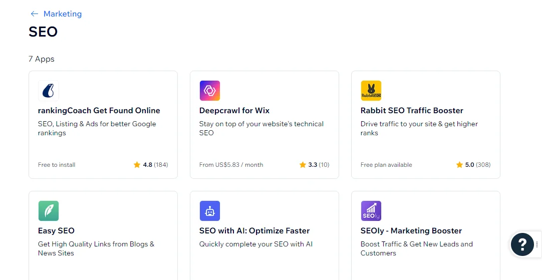 Wix App Market SEO category showing rankingCoach, Deepcrawl, Rabbit SEO, Easy SEO and SEO with AI with star ratings
