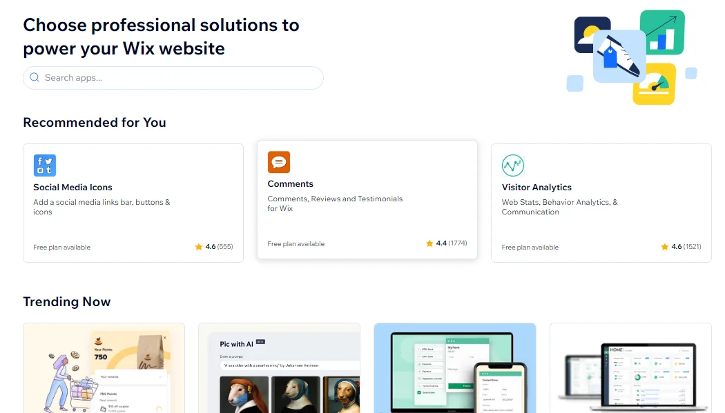 Wix App Market recommended apps showing Social Media Icons, Comments and Visitor Analytics with star ratings