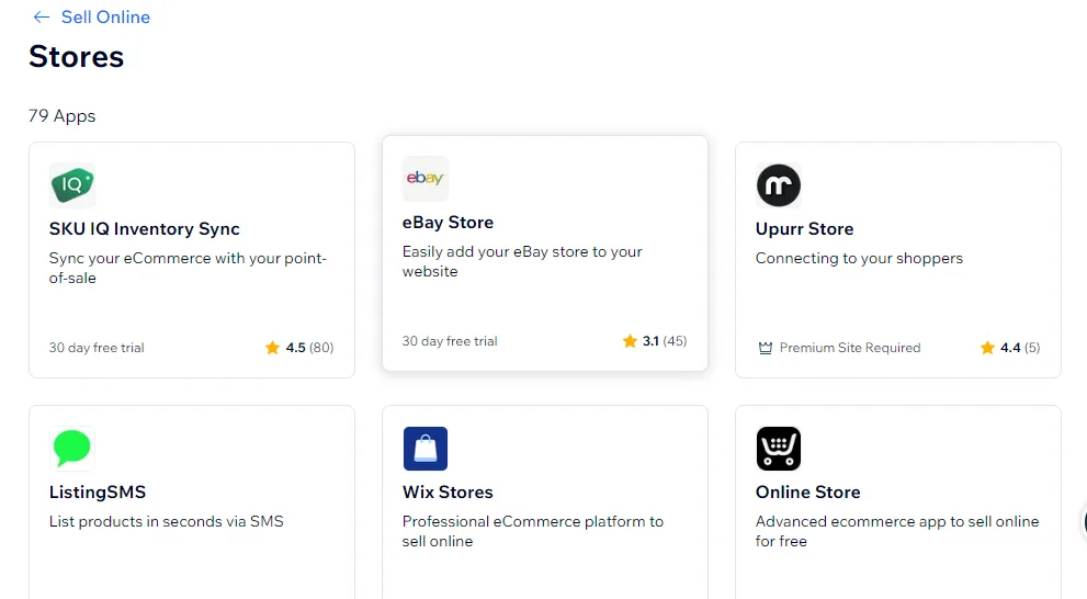 Wix App Market Stores category listing 79 apps including SKU IQ Inventory Sync, eBay Store, Wix Stores and Online Store