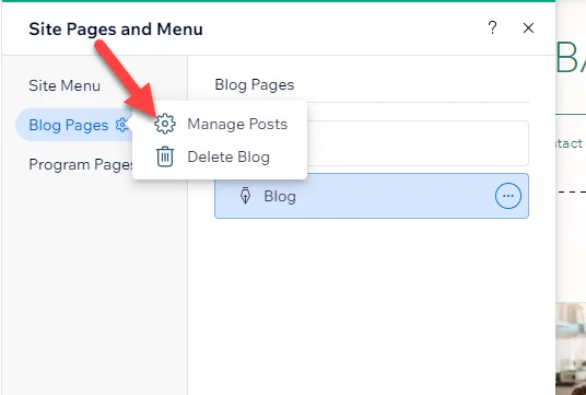 Wix Site Pages panel with a red arrow pointing to the Blog Pages cog and a menu showing Manage Posts and Delete Blog