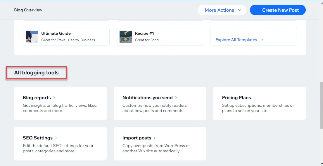 Wix Blog Overview with All blogging tools outlined in red, listing blog reports, notifications, pricing plans, SEO settings and import posts