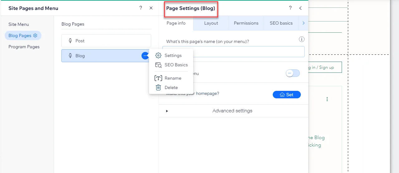 Wix Blog page settings with the Page Settings heading outlined and a context menu offering Settings, SEO Basics, Rename and Delete