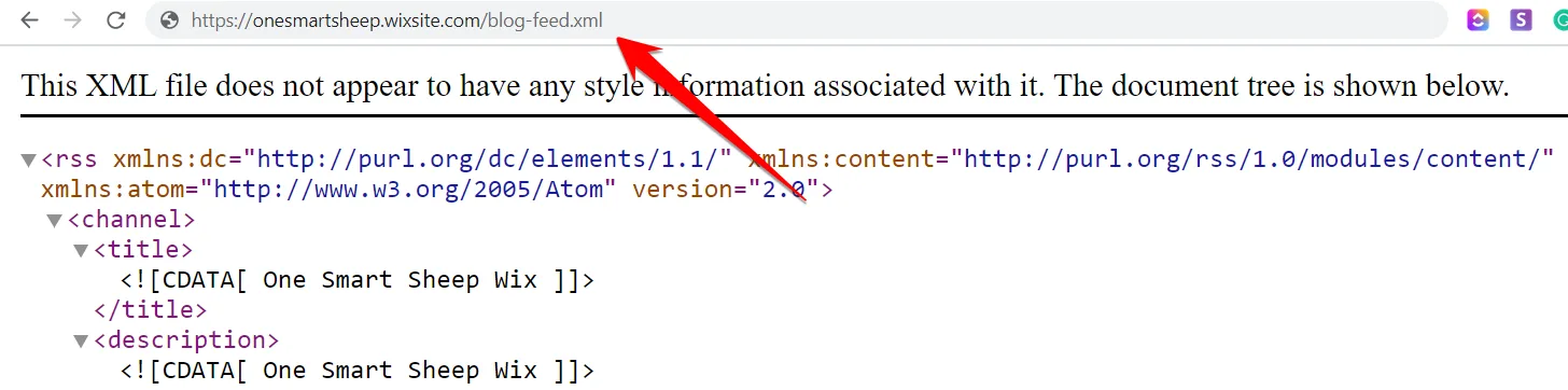 Browser showing a Wix blog RSS feed at blog-feed.xml with a red arrow pointing to the URL